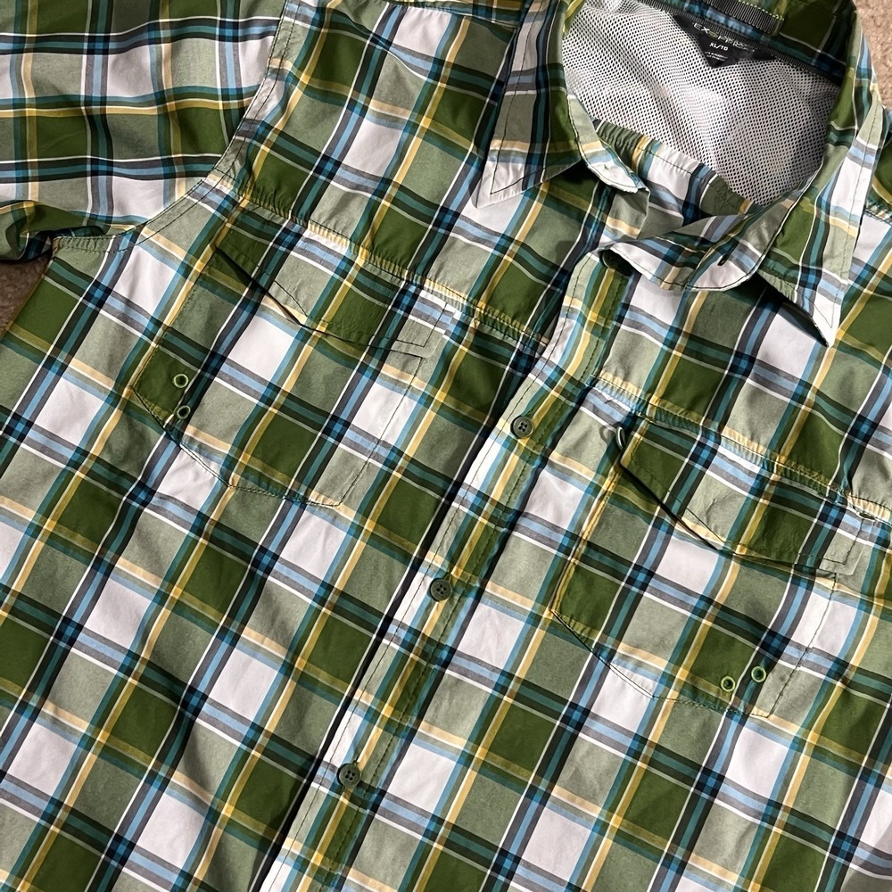 ExOfficio Shirt Mens XL Green Plaid Short Sleeve Vented Hiking Fishing Granola
